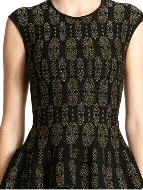 RVN Peplum Knit Top Size M Black Gold Metallic Jacquard Cap Sleeve Fitted